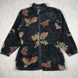 Black Mountain Zip Fleece Jacket Women's Sz M Black Pinecones All Over Print USA